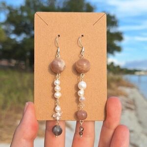 Peach Moonstone, Pearl, Quartz Earrings ~ Artisan Jewelry
